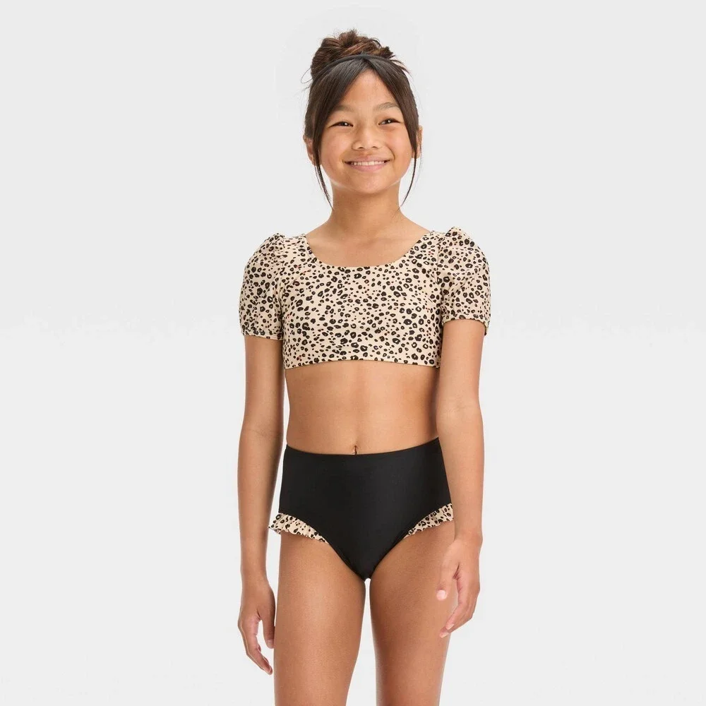 Cat & Jack Girls' Leopard Spot Printed Bikini Top Beige Size X-Large 14